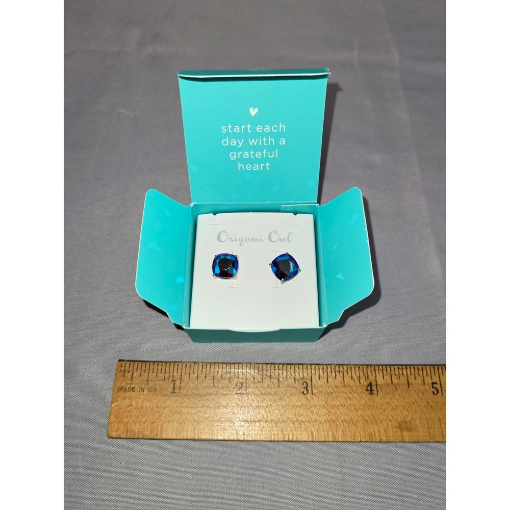 Origami Owl Blue Square Crystal Stud Earrings Butterfly Back HE297BA